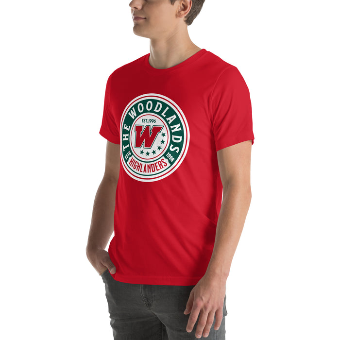 Man wearing The Woodlands High School Highlanders Red Premium Unisex T-shirt 220