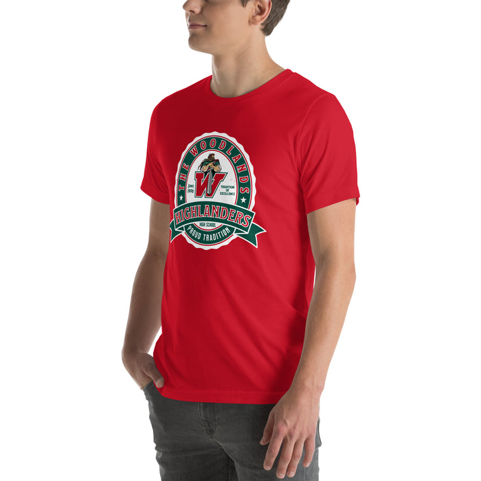 Man wearing The Woodlands High School Highlanders Red Premium Unisex T-shirt 212