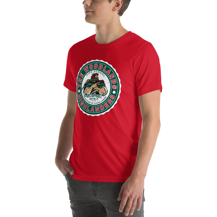 Man wearing The Woodlands High School Highlanders Red Premium Unisex T-shirt 216