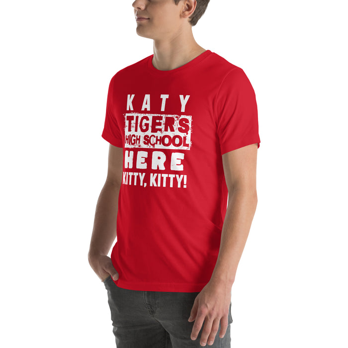 Man wearing Katy High School Tigers Red Premium Unisex T-shirt 231