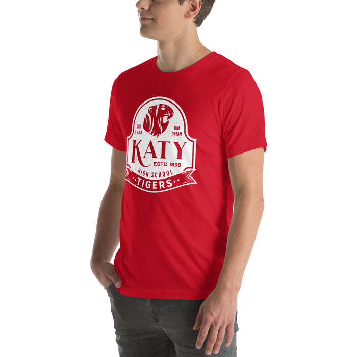Man wearing Katy High School Tigers Red Premium Unisex T-shirt 219