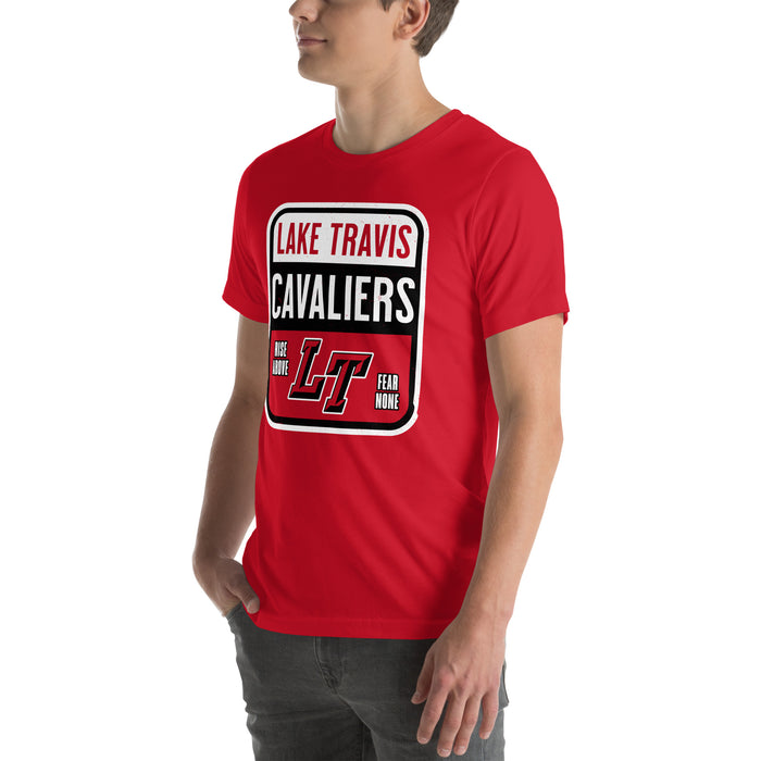 Man wearing Lake Travis High School Cavaliers Red Premium Unisex T-shirt 001