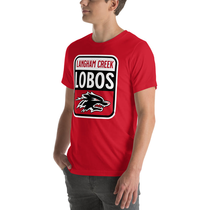 Man wearing Langham Creek High School Lobos Red Premium Unisex T-shirt 001