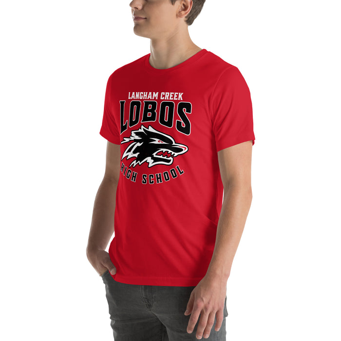 Man wearing Langham Creek High School Lobos Red Premium Unisex T-shirt 213