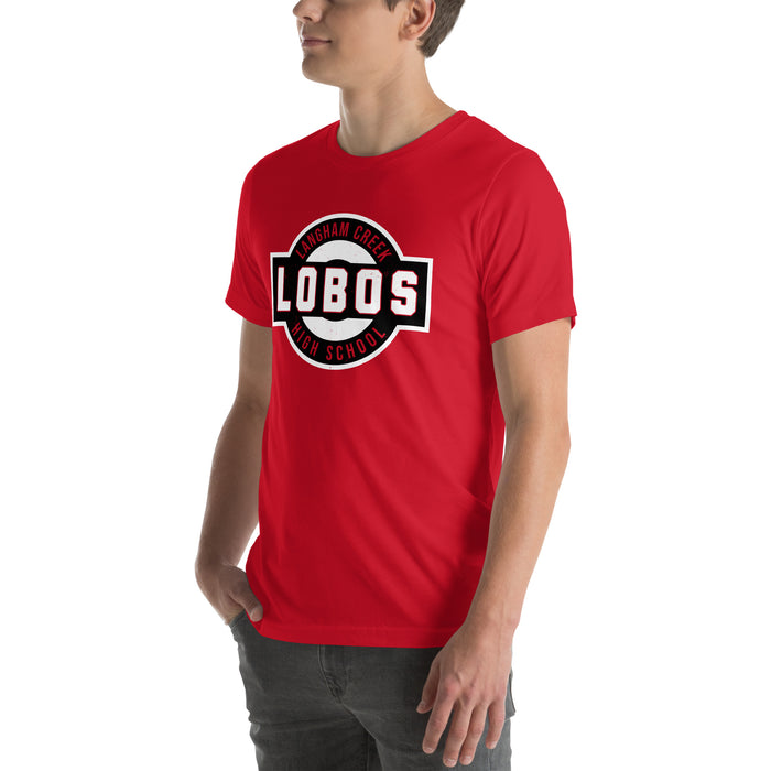 Man wearing Langham Creek High School Lobos Red Premium Unisex T-shirt 011