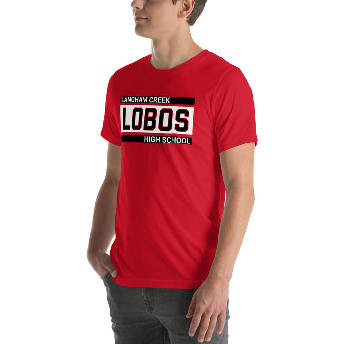 Man wearing Langham Creek High School Lobos Red Premium Unisex T-shirt 098