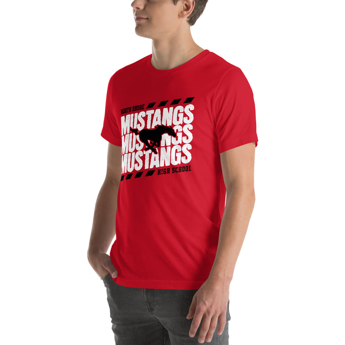 Man wearing North Shore High School Mustangs Red Premium Unisex T-shirt 223