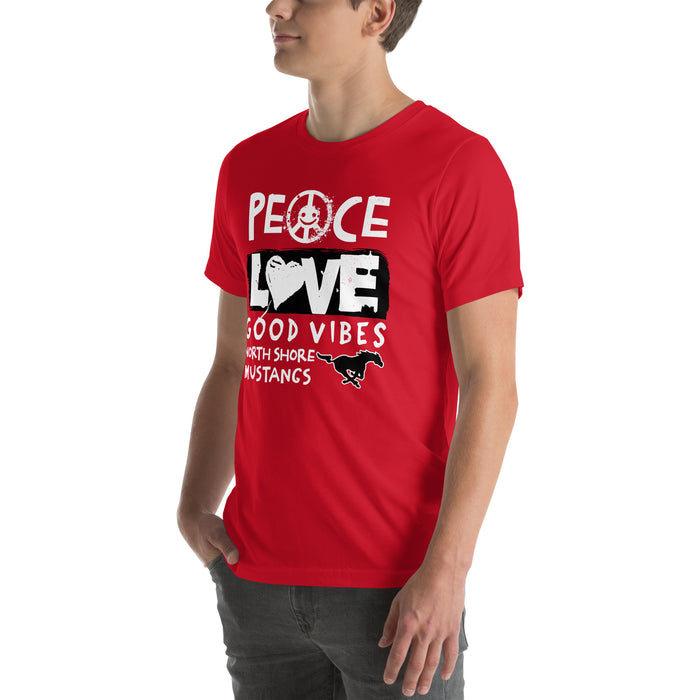 Man wearing North Shore High School Mustangs Red Premium Unisex T-shirt 240