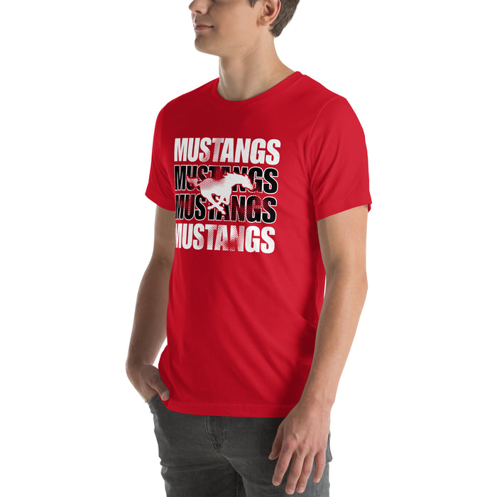 Man wearing North Shore High School Mustangs Red Premium Unisex T-shirt 233