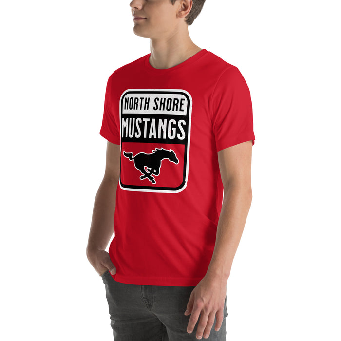 Man wearing North Shore High School Mustangs Red Premium Unisex T-shirt 001