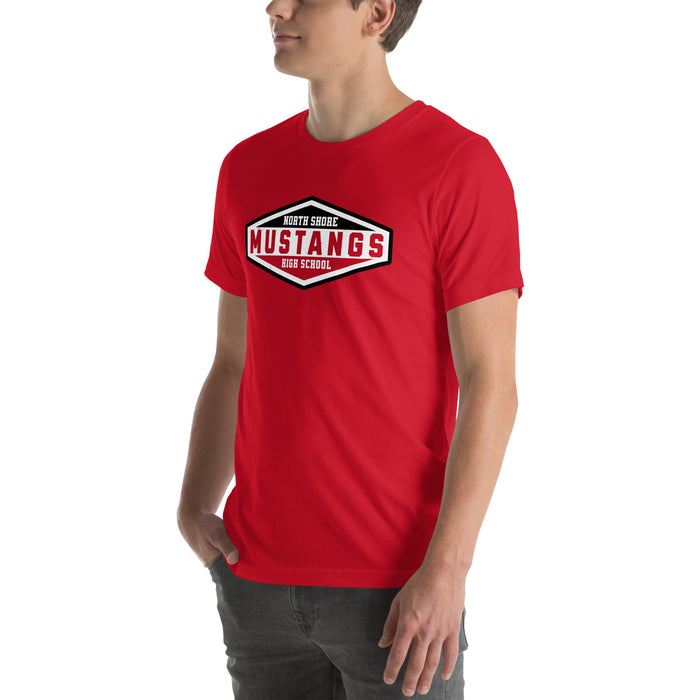 Man wearing North Shore High School Mustangs Red Premium Unisex T-shirt 009
