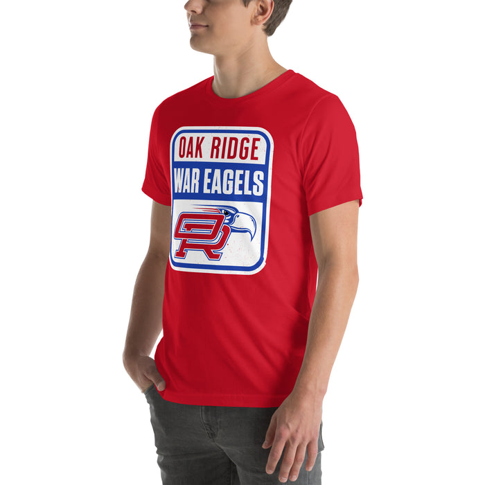 Man wearing Oak Ridge High School War Eagles Red Premium Unisex T-shirt 001