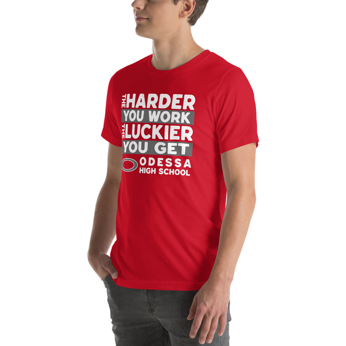 Man wearing Odessa High School Bronchos Red Premium Unisex T-shirt 238