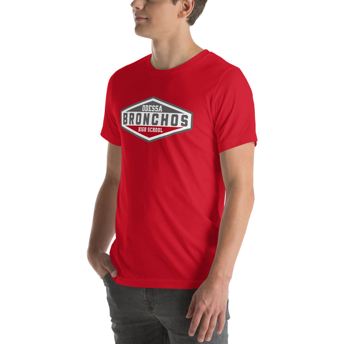 Man wearing Odessa High School Bronchos Red Premium Unisex T-shirt 009