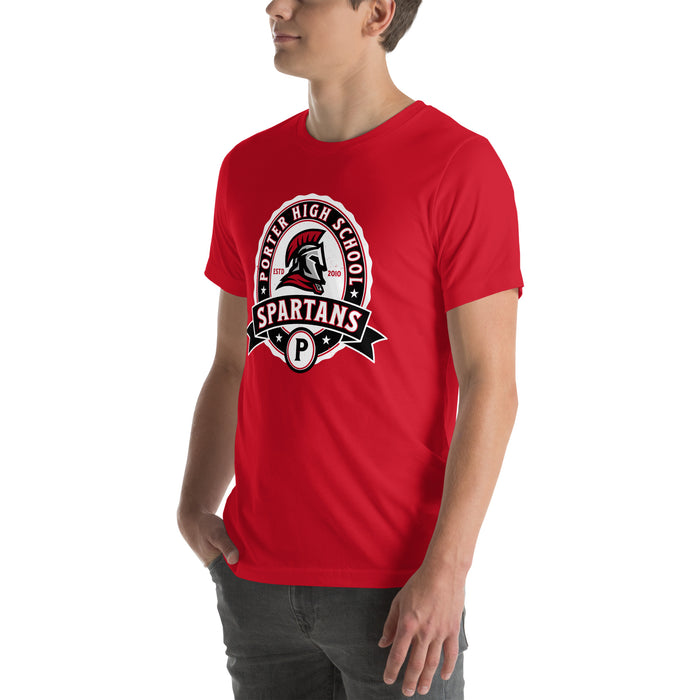 Man wearing Porter High School Spartans Red Premium Unisex T-shirt 212