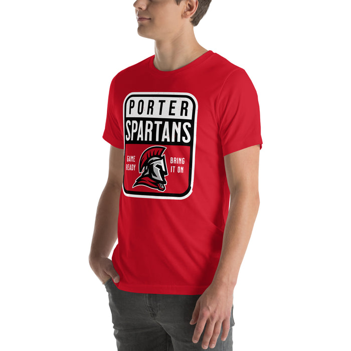 Man wearing Porter High School Spartans Red Premium Unisex T-shirt 001