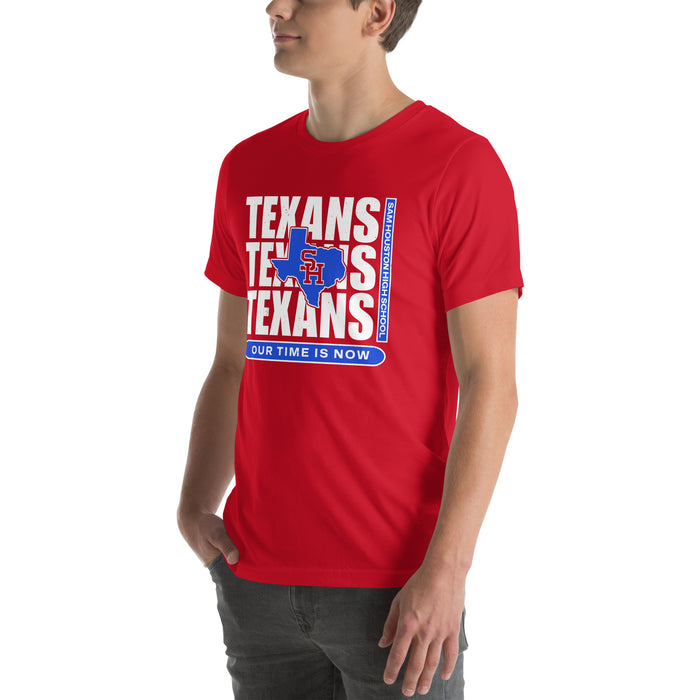 Man wearing Sam Houston High School Texans Red Premium Unisex T-shirt 235