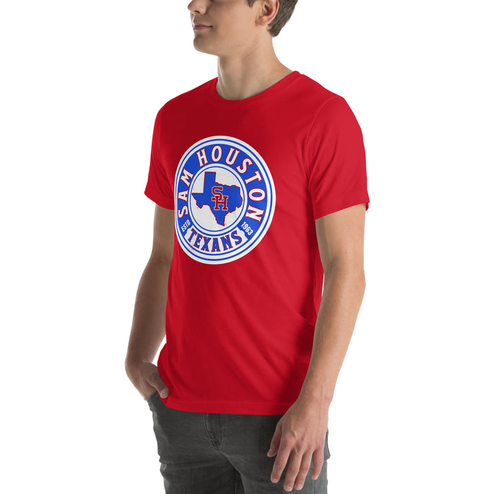 Man wearing Sam Houston High School Texans Red Premium Unisex T-shirt 220