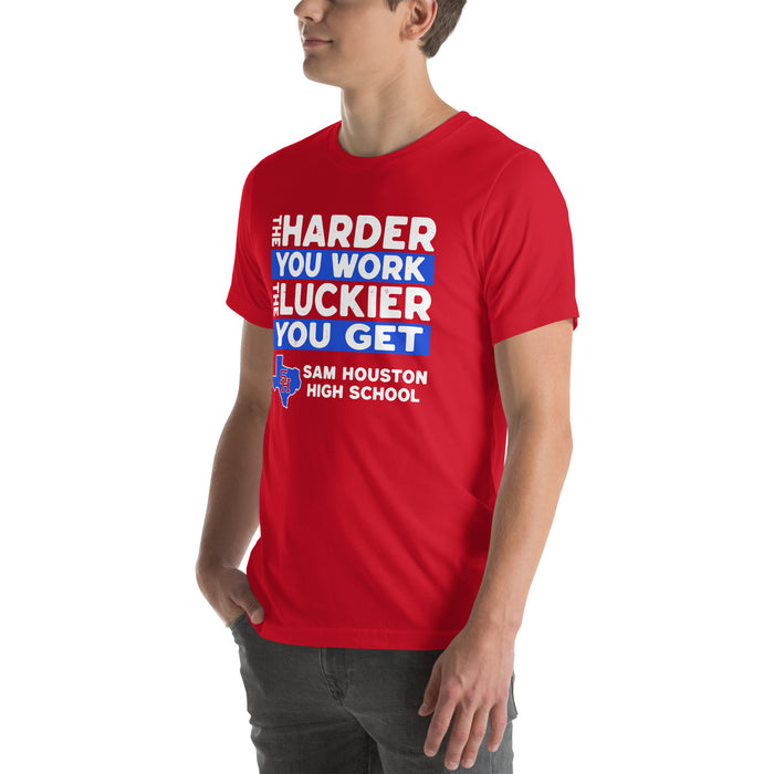 Man wearing Sam Houston High School Texans Red Premium Unisex T-shirt 238