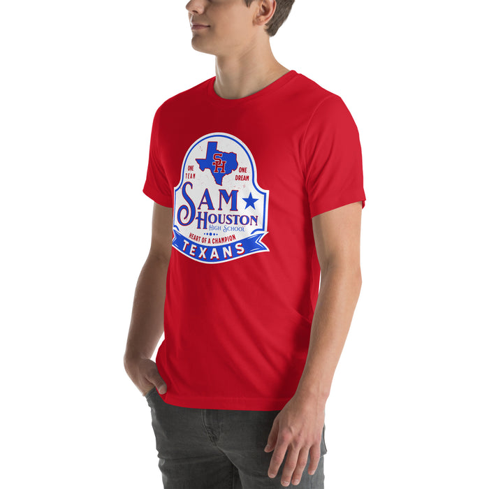 Man wearing Sam Houston High School Texans Red Premium Unisex T-shirt 219