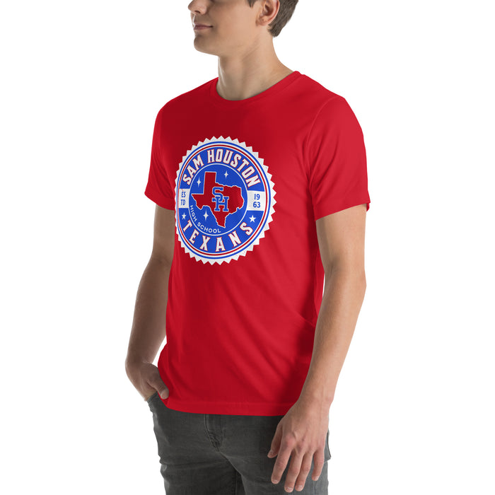 Man wearing Sam Houston High School Texans Red Premium Unisex T-shirt 203