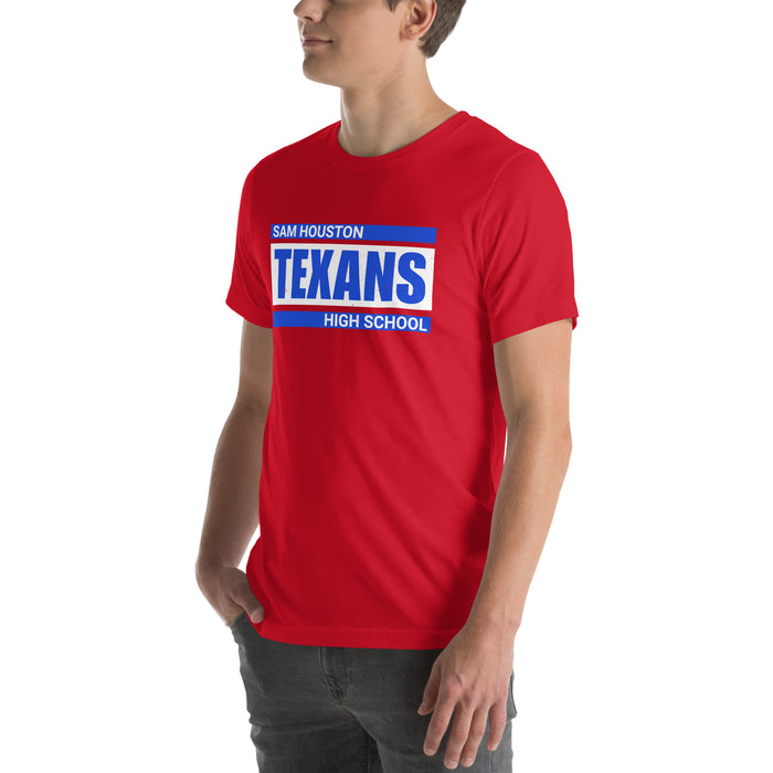 Man wearing Sam Houston High School Texans Red Premium Unisex T-shirt 098