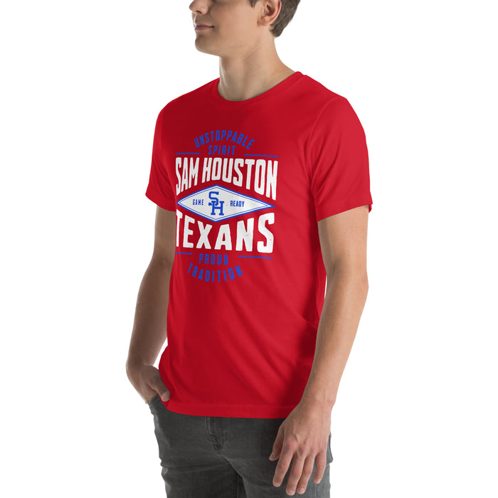 Man wearing Sam Houston High School Texans Red Premium Unisex T-shirt 210