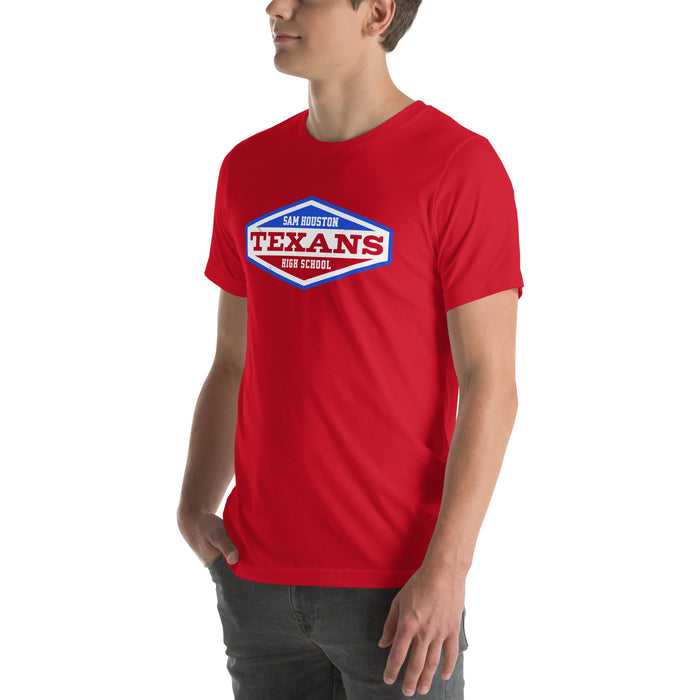 Man wearing Sam Houston High School Texans Red Premium Unisex T-shirt 009