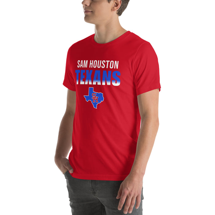 Man wearing Sam Houston High School Texans Red Premium Unisex T-shirt 024
