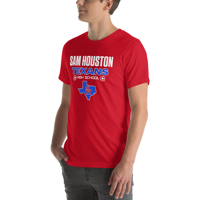 Man wearing Sam Houston High School Texans Red Premium Unisex T-shirt 003
