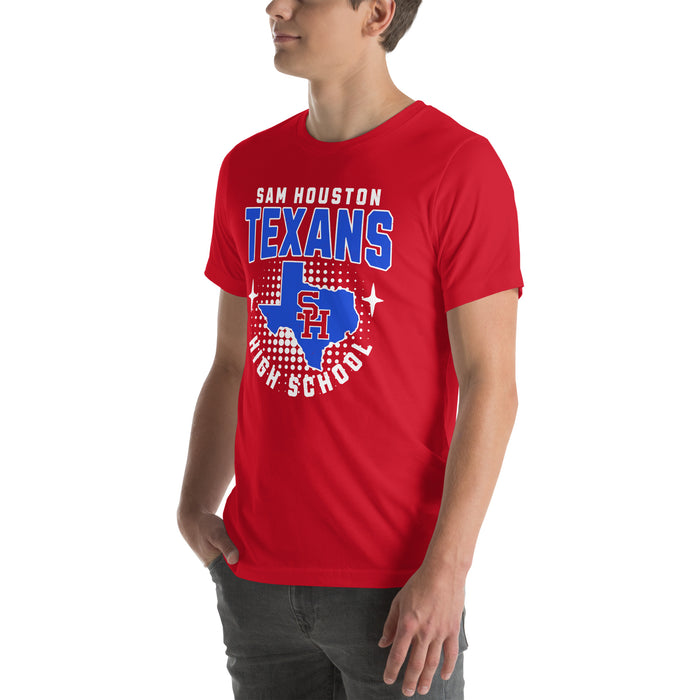 Man wearing Sam Houston High School Texans Red Premium Unisex T-shirt 204