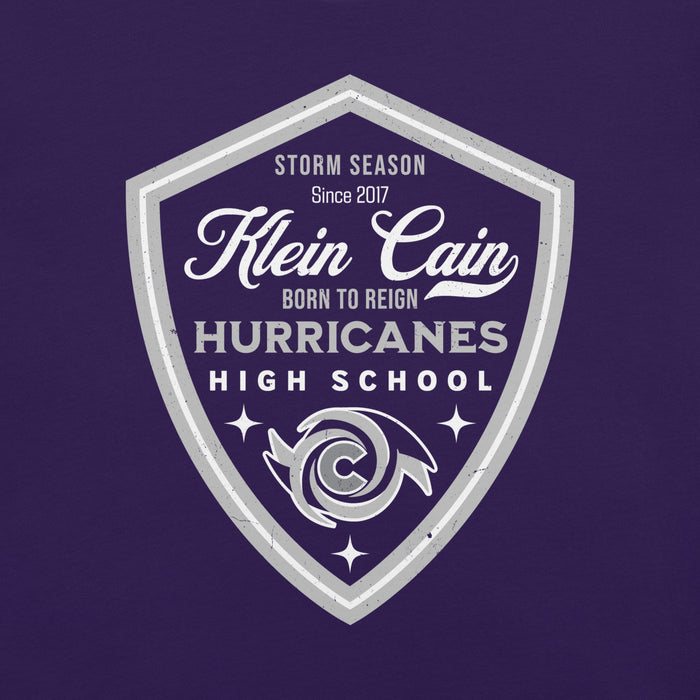Close-up view of Klein Cain High School Hurricanes Purple Premium Unisex T-shirt 225