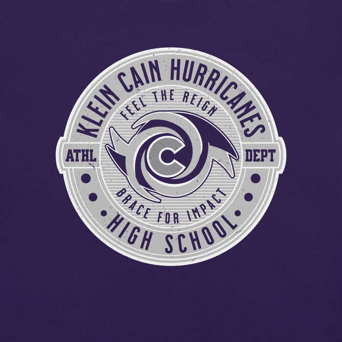 Close-up view of Klein Cain High School Hurricanes Purple Premium Unisex T-shirt 224