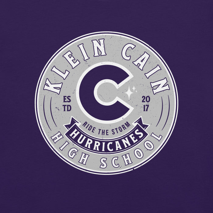 Close-up view of Klein Cain High School Hurricanes Purple Premium Unisex T-shirt 215