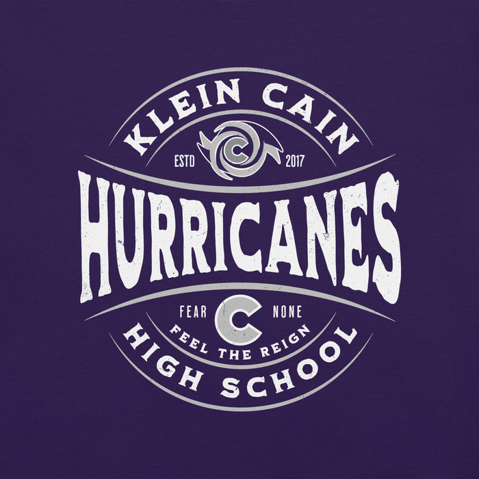 Close-up view of Klein Cain High School Hurricanes Purple Premium Unisex T-shirt 218