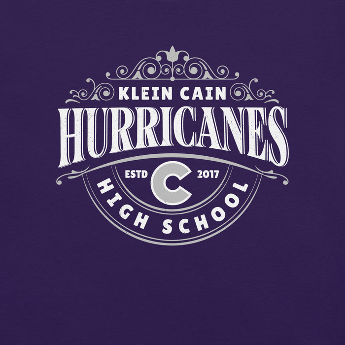 Close-up view of Klein Cain High School Hurricanes Purple Premium Unisex T-shirt 211