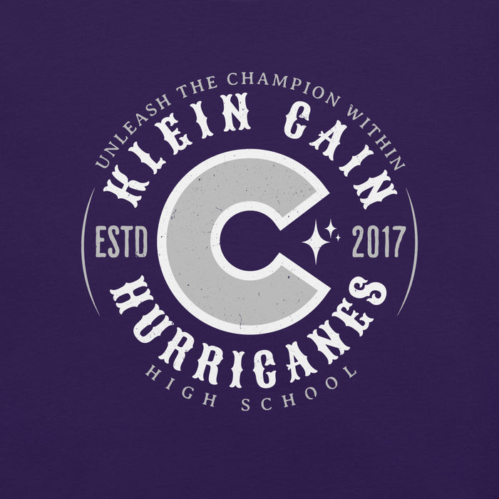 Close-up view of Klein Cain High School Hurricanes Purple Premium Unisex T-shirt 214
