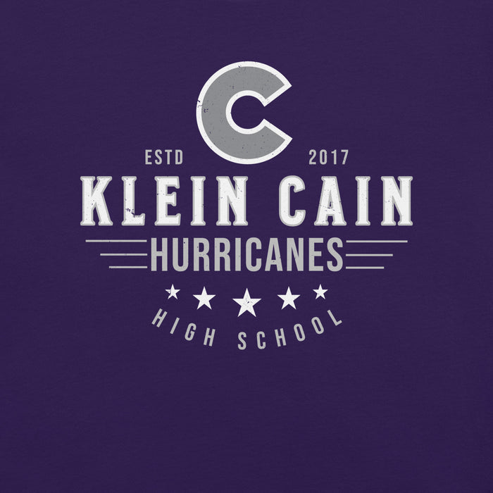 Close-up view of Klein Cain High School Hurricanes Purple Premium Unisex T-shirt 217