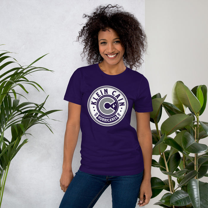 Woman wearing Klein Cain High School Hurricanes Purple Premium Unisex T-shirt 220