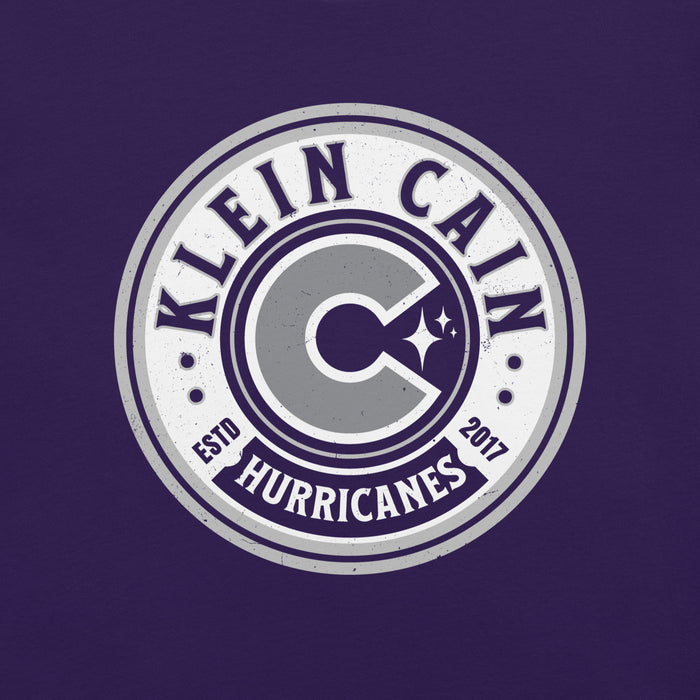 Close-up view of Klein Cain High School Hurricanes Purple Premium Unisex T-shirt 220