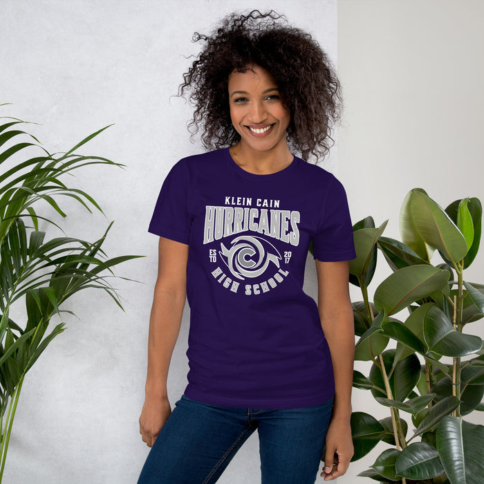 Woman wearing Klein Cain High School Hurricanes Purple Premium Unisex T-shirt 213