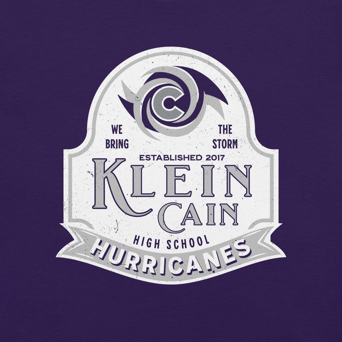 Close-up view of Klein Cain High School Hurricanes Purple Premium Unisex T-shirt 219