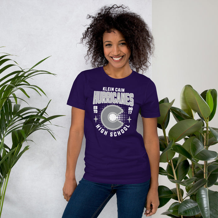 Woman wearing Klein Cain High School Hurricanes Purple Premium Unisex T-shirt 204