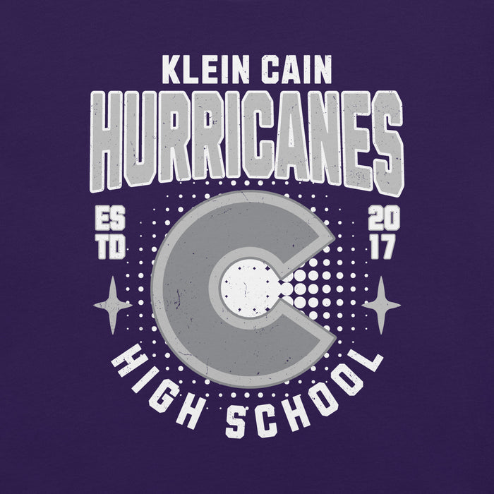Close-up view of Klein Cain High School Hurricanes Purple Premium Unisex T-shirt 204