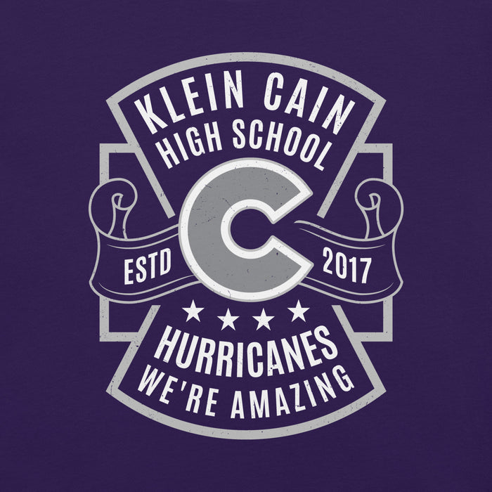 Close-up view of Klein Cain High School Hurricanes Purple Premium Unisex T-shirt 207
