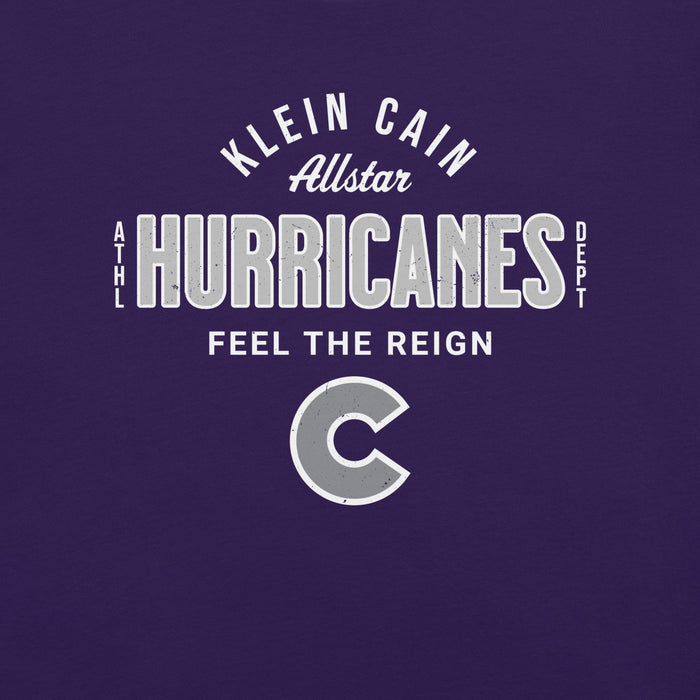 Close-up view of Klein Cain High School Hurricanes Purple Premium Unisex T-shirt 040