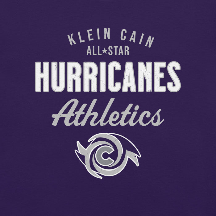 Close-up view of Klein Cain High School Hurricanes Purple Premium Unisex T-shirt 034