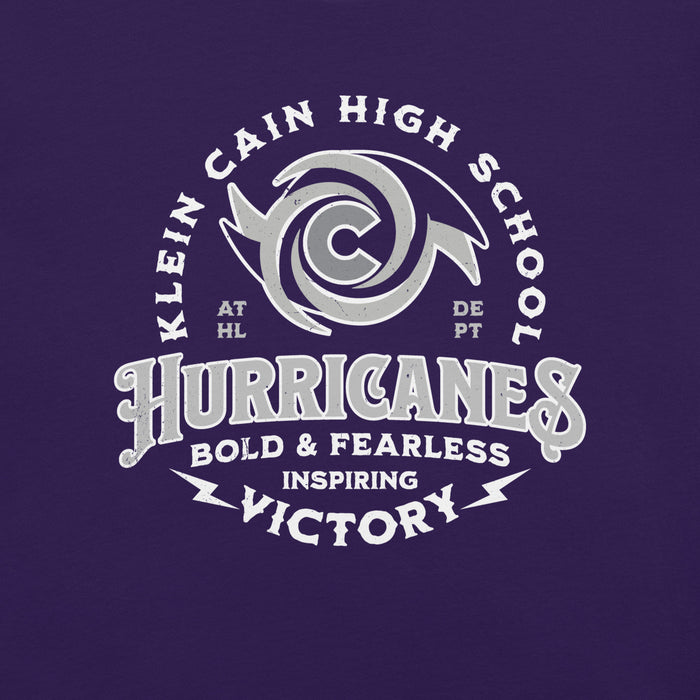 Close-up view of Klein Cain High School Hurricanes Purple Premium Unisex T-shirt 206