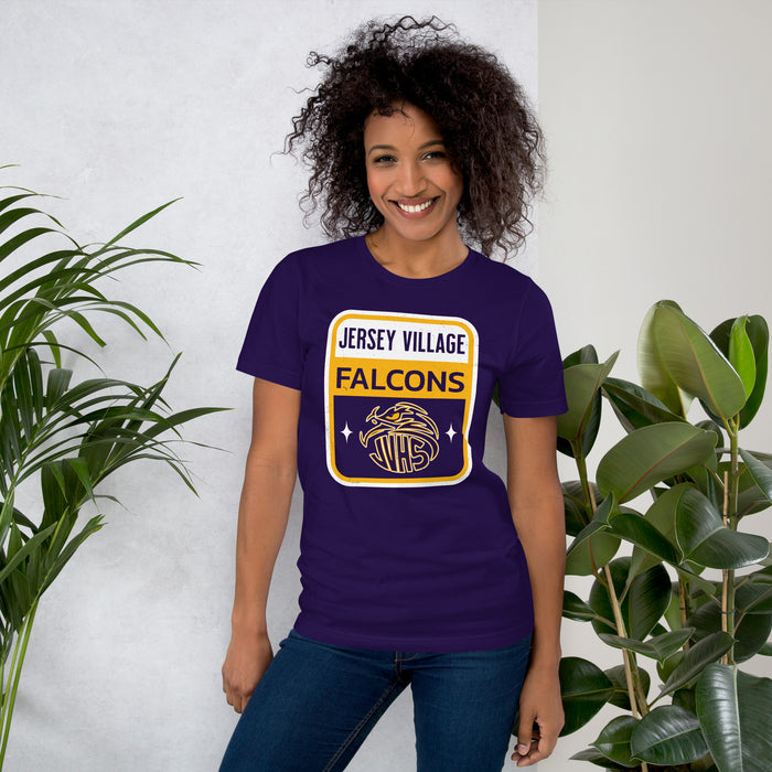 Woman wearing Jersey Village High School Falcons Purple Premium Unisex T-shirt 001