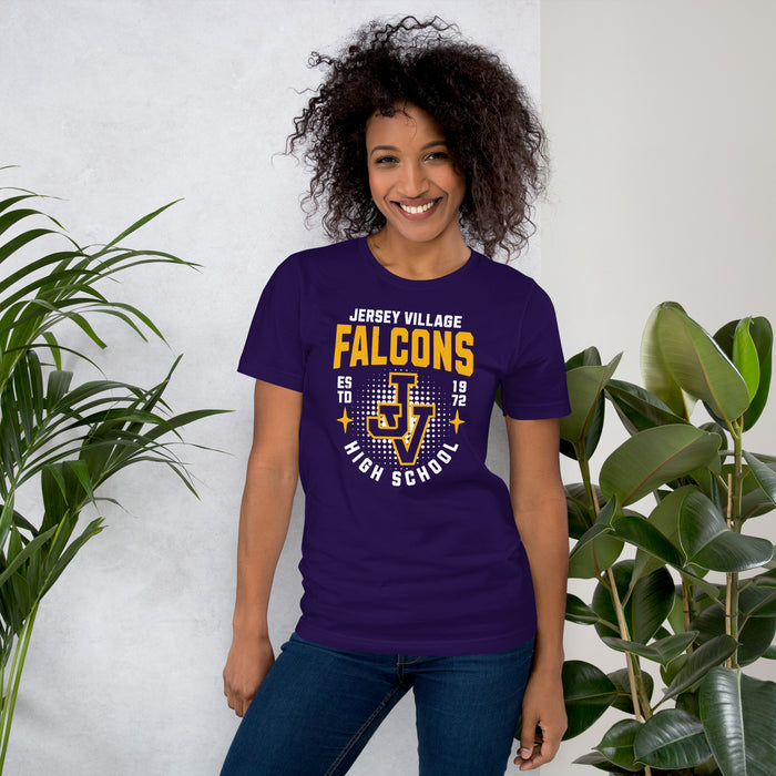 Woman wearing Jersey Village High School Falcons Purple Premium Unisex T-shirt 204